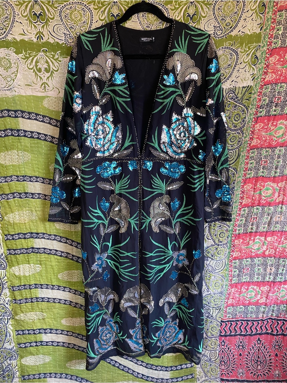 Rare Nasty Gal Black Embellished Sequin Floral Longline Kimoo Duster Small Edgy - Picture 2 of 15